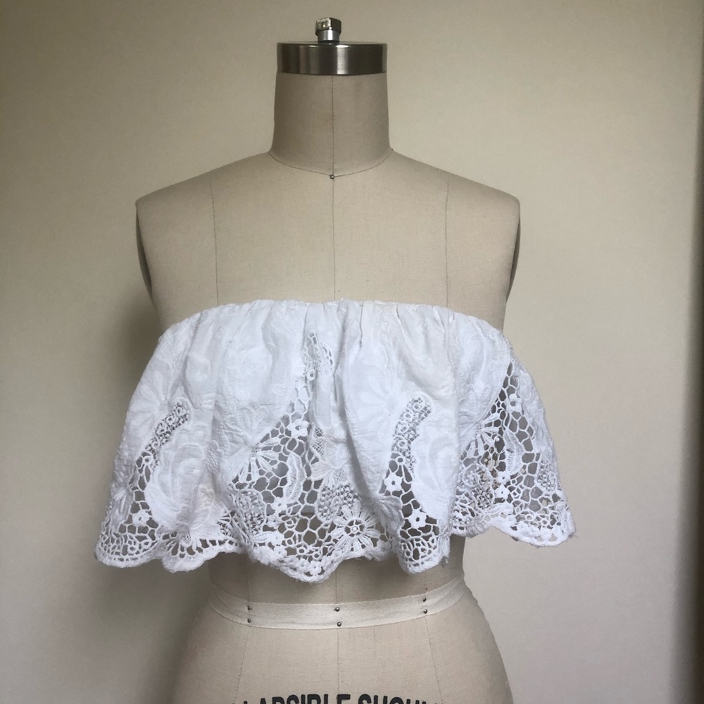 LF white lace zip back crop top
